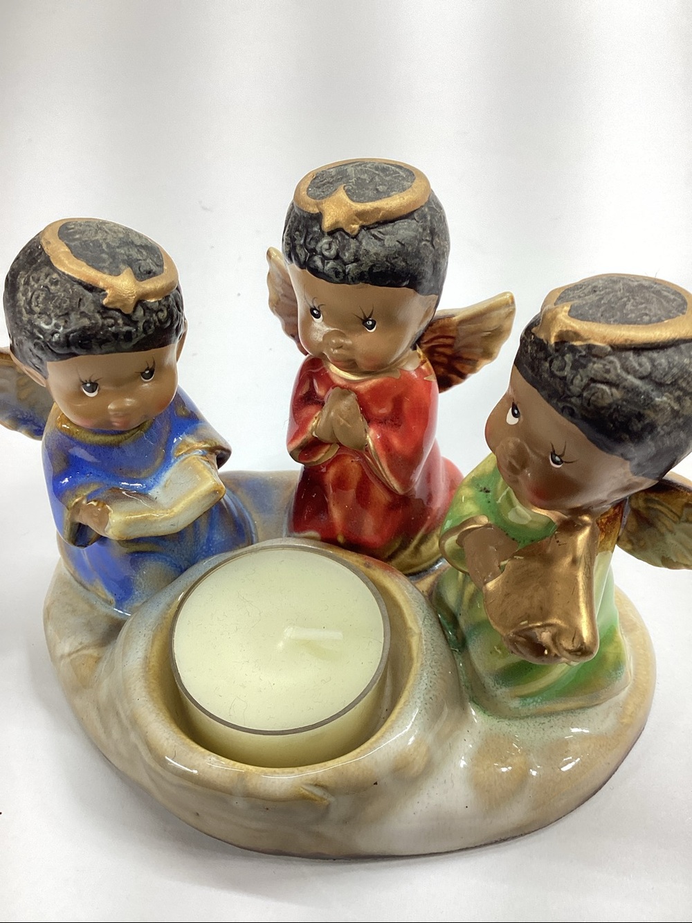 Three Brown Angels Ceramic Tealight Holder in Blue, Red & Green